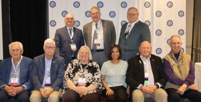 NNA presidents gather at the Friday evening Closing Dinner/Annual Meeting/Better Newspaper Contest celebration of winners. 
Left to right: Gene Johnson, president emeritus, Press Publications, White Bear Lake, Minnesota; NNA Postal Chair Matt Paxton, publisher, The News-Gazette, Lexington, Virginia; Brett Wesner, president, Wesner Publications, Cordell, Oklahoma; Diane Everson, publisher, The Edgerton (Wisconsin) Reporter; Randy Keck, publisher, The Community News, Aledo, Texas; NNA Chair Martha Diaz Azkenazy, publisher, The San Fernando Valley (California) Sun; Matt Adelman, publisher, Douglas (Wyoming) Budget; John Galer, The Journal-News, Hillsboro, Illinois; Robert M. Williams Jr., co-owner, The Monroe County Reporter, Blackshear, Georgia.