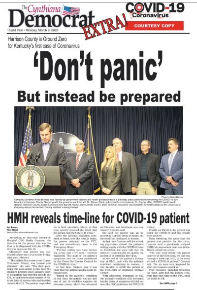 The Cynthiana (Kentucky) Democrat may have been the first newspaper in the country to do an extra, sample-copy edition about the coronavirus, in March 2020. Local governments paid for it.