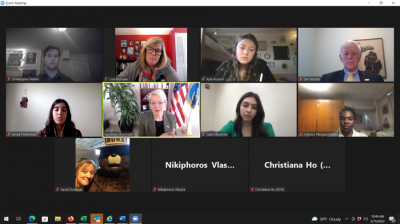 The News Fellows meet with Sec. of Energy Jennifer Granholm on Zoom on March 15. Russell is pictured in the top row, second from right. (Lisa McGraw, public affairs manager, Michigan Press Association)