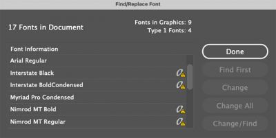 Finding the scary-looking “a” with a yield symbol
in the InDesign “Find/Replace Font” window
means you have fonts that need to be replaced
before January. Otherwise, someone is going to
have some late nights.