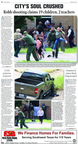 The Leader-News of Uvalde published a blacked-out front page on the Thursday following the shooting. The back cover is also pictured.